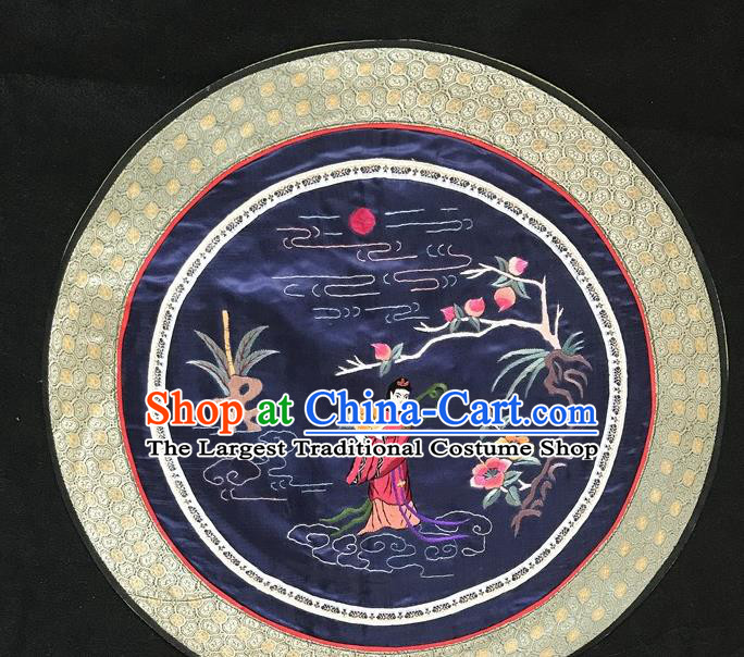 Chinese National Embroidered Goddess Ma Gu Round Paintings Traditional Handmade Embroidery Decorative Navy Silk Picture Craft