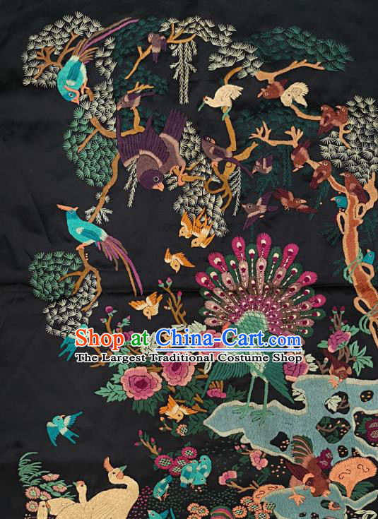 Traditional Chinese Embroidered Peacock Birds Fabric Hand Embroidering Dress Applique Embroidery Black Silk Patches Accessories