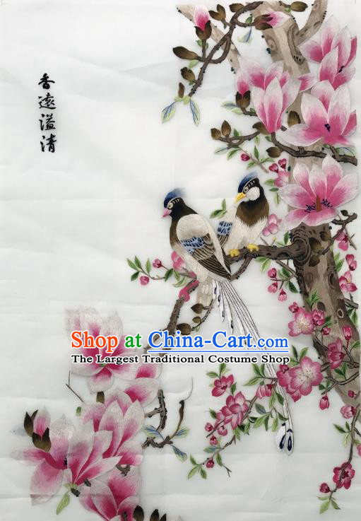 Traditional Chinese Embroidered Birds Pink Magnolia Fabric Hand Embroidering Dress Applique Embroidery Silk Patches Accessories