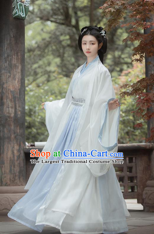 Chinese Jin Dynasty Noble Princess Costumes Traditional Ancient Goddess Hanfu Garment White Cloak Blouse and Skirt Full Set