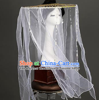 Chinese Traditional Ancient Swordswoman Headwear Handmade Princess Hanfu White Chiffon Veil Bamboo Hat