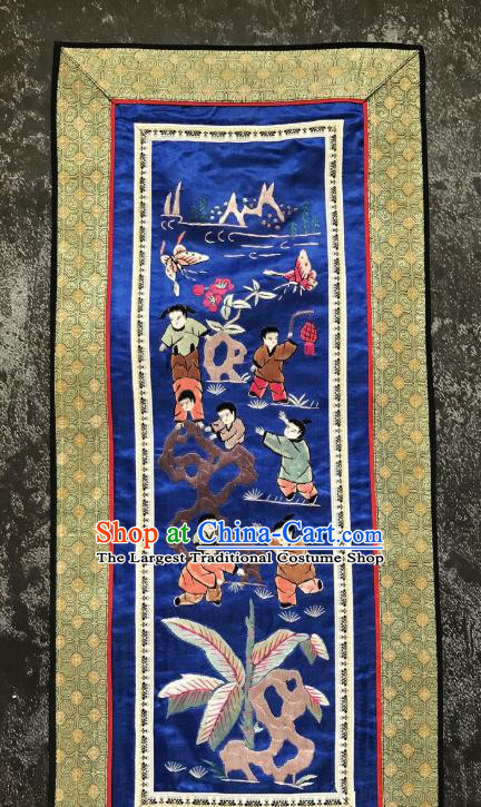 Chinese National Embroidered Boys Royalblue Silk Paintings Traditional Handmade Embroidery Decorative Picture Craft