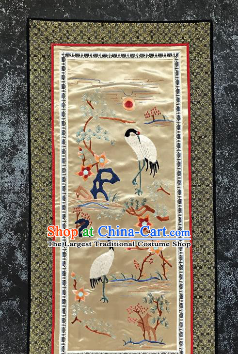 Chinese National Embroidered Pine Cranes Champagne Silk Paintings Traditional Handmade Embroidery Decorative Picture Craft