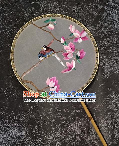 Chinese Traditional Embroidery Mangnolia Birds Palace Fans Handmade Mottled Bamboo Round Fan Embroidered Silk Fan Craft