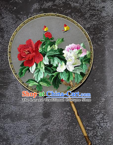 Chinese Traditional Embroidery Peony Palace Fans Handmade Mottled Bamboo Round Fan Embroidered Butterfly Silk Fan Craft