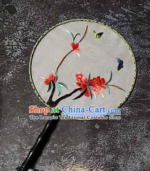 Chinese Traditional Embroidery Red Flower Palace Fans Handmade Round Fan Embroidered Silk Fan Craft