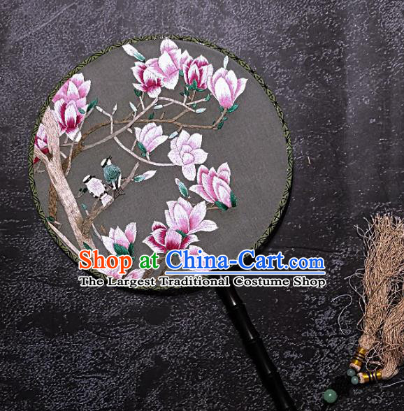 Chinese Traditional Embroidered Palace Fans Handmade Embroidery Pink Magnolia Round Fan Silk Fan Craft