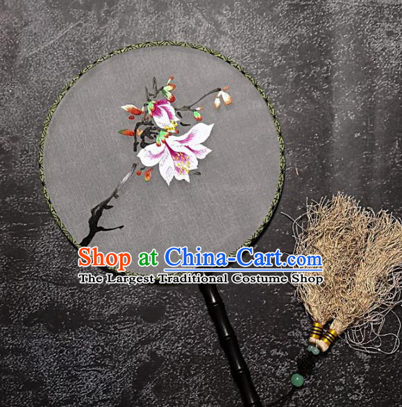 Chinese Traditional Embroidered Palace Fans Handmade Embroidery Yulan Magnolia Round Fan Silk Fan Craft