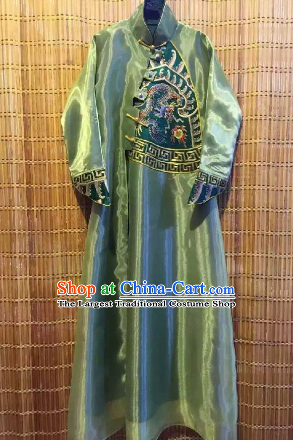 Traditional Chinese Embroidered Dragon Green Organza Cheongsam National Costume Republic of China Stand Collar Qipao Dress for Women