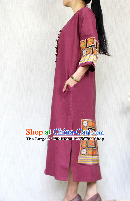 Traditional Chinese Embroidered Wine Red Flax Dust Coat National Costume Tang Suit Overcoat for Women