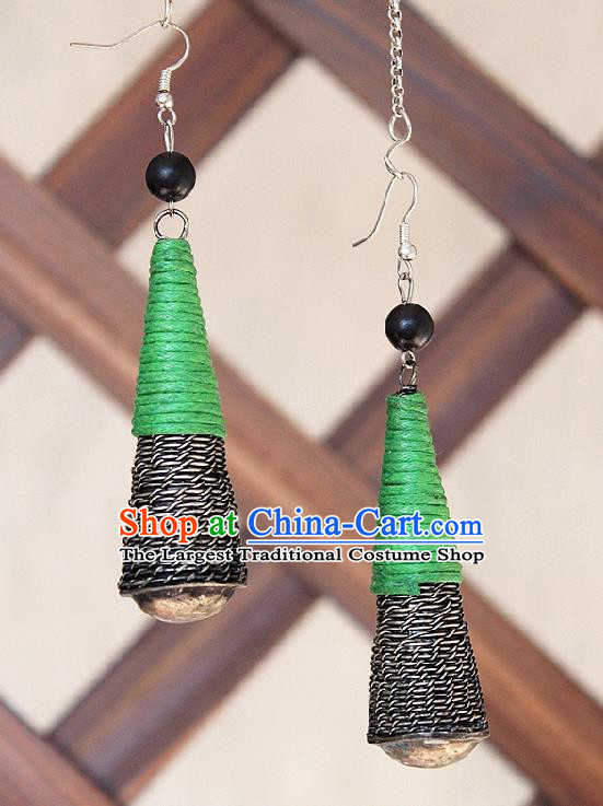 Chinese Handmade Miao Nationality Embroidered Green Earrings Traditional Minority Ethnic Jewelry Ear Accessories for Women