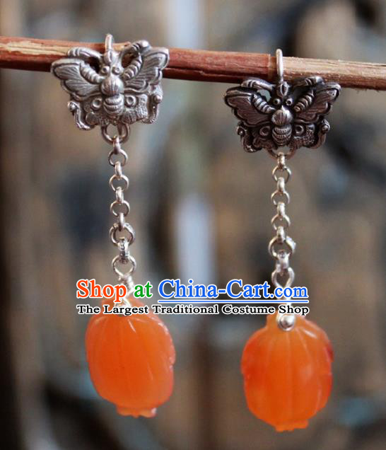 Chinese Handmade Silver Carving Butterfly Ear Accessories Traditional Ethnic Pumpkin Earrings for Women