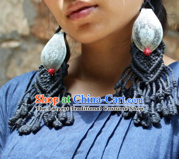 Chinese Handmade Miao Nationality Silver Carving Earrings Traditional Minority Ethnic Black Sennit Ear Accessories for Women