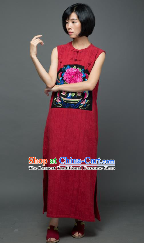 Traditional Chinese Embroidered Peony Birds Red Qipao Dress National Costume Tang Suit Sleeveless Cheongsam Garment for Women