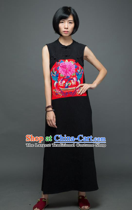 Traditional Chinese Embroidered Peony Birds Black Qipao Dress National Costume Tang Suit Sleeveless Cheongsam Garment for Women