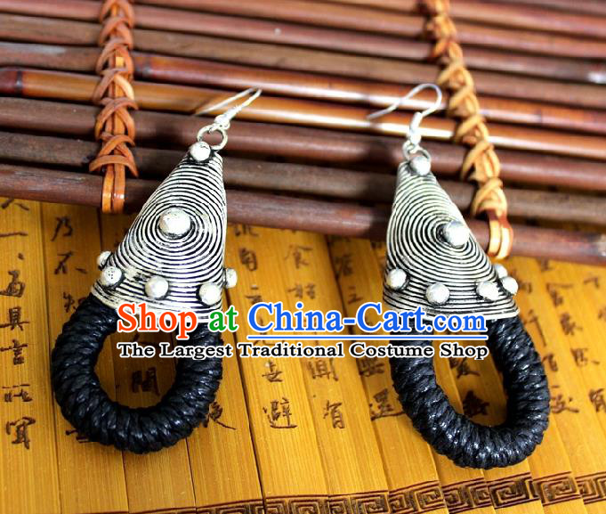 Chinese Handmade Miao Nationality Black Sennit Ear Accessories Traditional Minority Ethnic Silver Earrings for Women