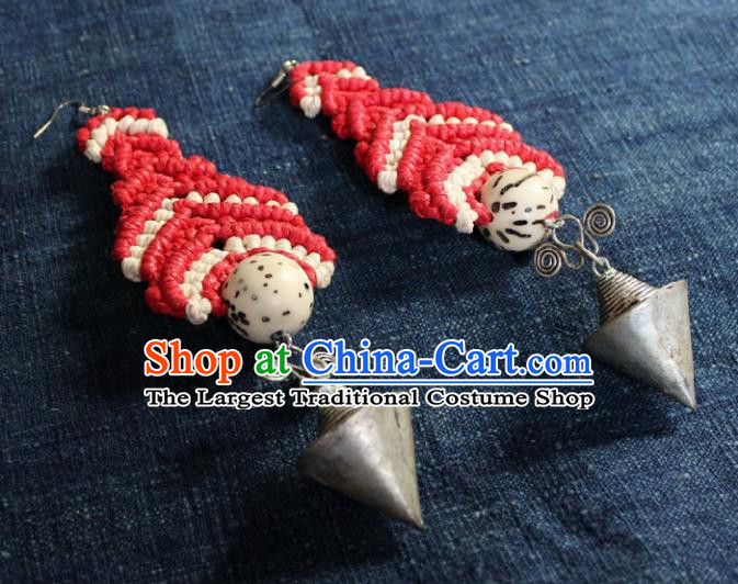 Chinese Handmade Miao Nationality Sennit Red Ear Accessories Traditional Minority Ethnic Silver Cone Earrings for Women