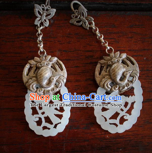 Chinese Handmade Miao Nationality Silver Carving Bird Ear Accessories Traditional Minority Ethnic Jade Earrings for Women