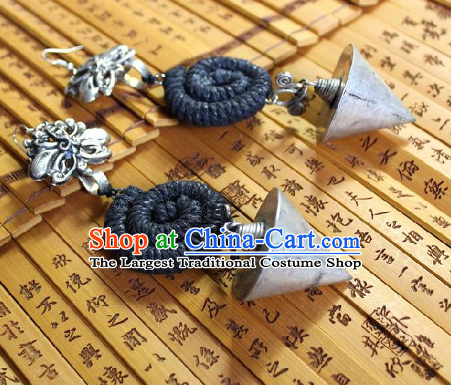 Chinese Handmade Miao Nationality Silver Cone Earrings Traditional Minority Ethnic Black Sennit Ear Accessories for Women