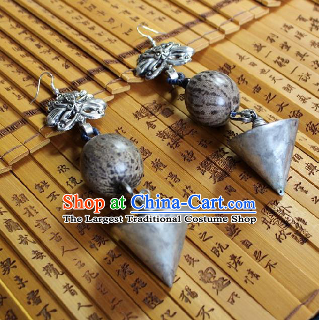 Chinese Handmade Miao Nationality Silver Carving Butterfly Earrings Traditional Minority Ethnic Cone Ear Accessories for Women