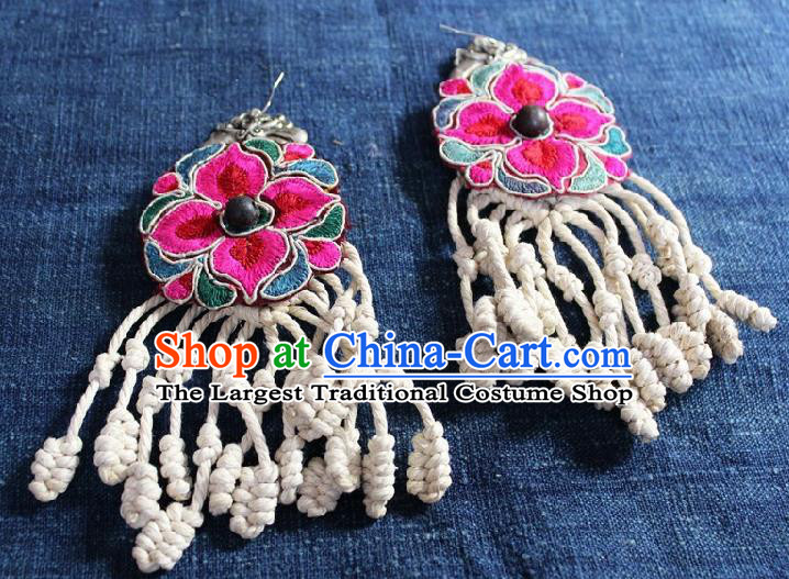 Chinese Handmade Miao Nationality Embroidered Flower Earrings Traditional Minority Ethnic Sennit Tassel Ear Accessories for Women