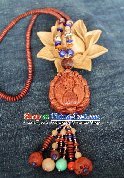 Chinese Handmade Miao Nationality Sandalwood Necklace Traditional Minority Ethnic Carving Lotus Necklet Accessories for Women