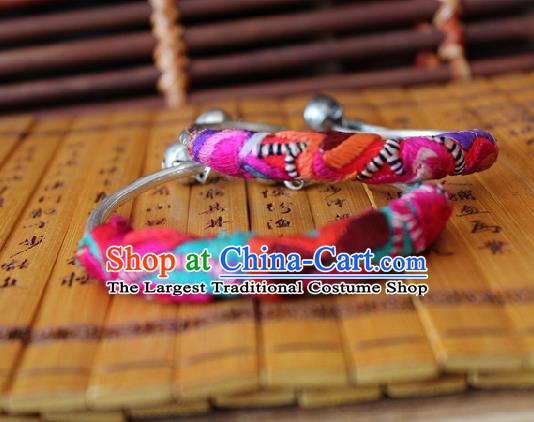 Chinese Handmade Miao Ethnic Embroidered Bangle Accessories Traditional Minority Silver Bracelet for Women