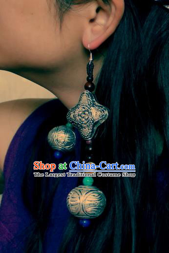 Chinese Handmade Miao Nationality Silver Large Earrings Traditional Minority Ethnic Carving Ear Accessories for Women