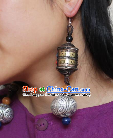 Chinese Handmade Miao Nationality Prayer Wheel Earrings Traditional Minority Ethnic Carving Silver Ball Ear Accessories for Women