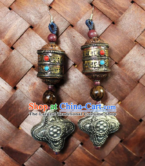 Chinese Handmade Miao Nationality Retro Earrings Traditional Minority Ethnic Carving Silver Prayer Wheel Ear Accessories for Women