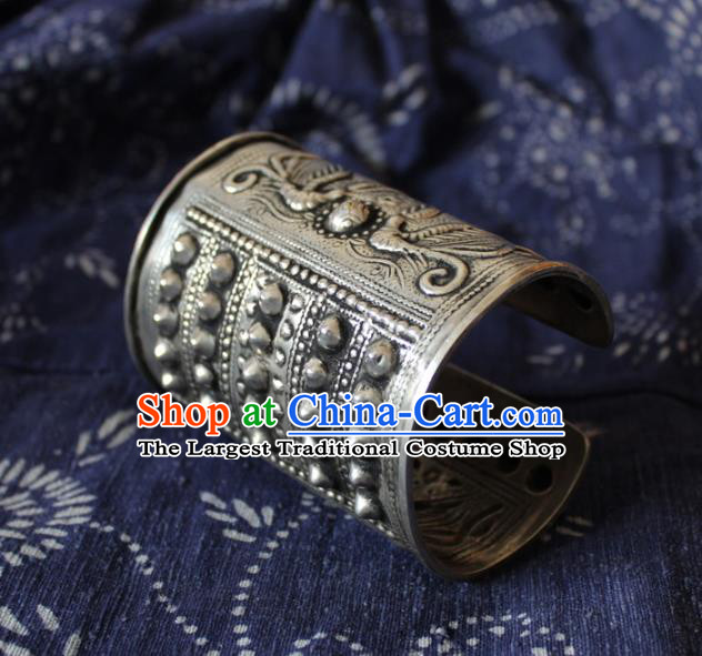 Chinese Handmade Miao Ethnic Silver Carving Wide Bangle Accessories Traditional Minority Stage Show Bracelet for Women