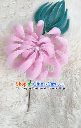 Chinese Traditional Qing Dynasty Imperial Concubine Pink Velvet Chrysanthemum Hairpin Headwear Ancient Manchu Woman Hair Accessories Hair Clip