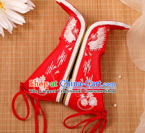 Chinese Ancient Princess Red Satin Embroidered Shoes Court Women Shoes Handmade Palace Lady Shoes Embroidery Shoes