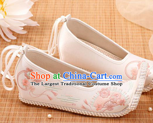 Chinese Ancient Princess White Satin Embroidered Shoes Court Women Shoes Handmade Palace Lady Shoes Embroidery Shoes