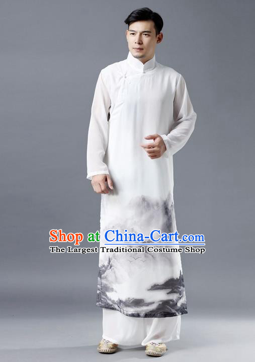 Republic of China National Ink Painting White Chiffon Robe Traditional Tang Suit Costume Comic Dialogue Long Gown for Men