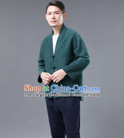 Chinese National Green Flax Jacket Traditional Tang Suit Outer Garment Overcoat Costume Coat for Men