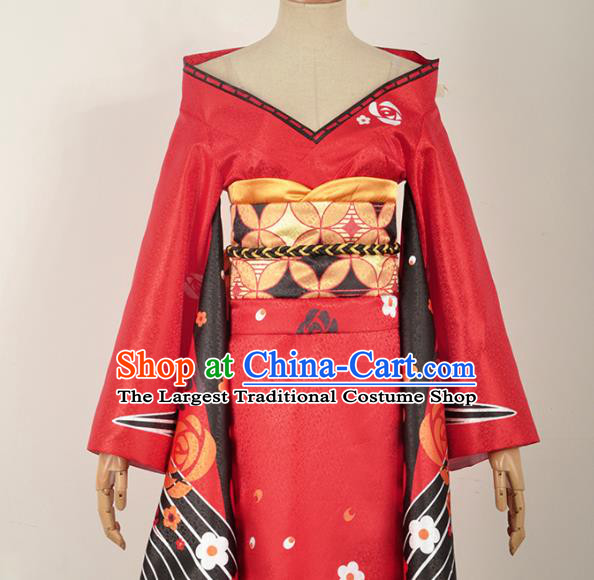 Traditional Japanese Geisha Costumes Japan Kimono Okuni Red Yukata Dress and Belt Complete Set for Women