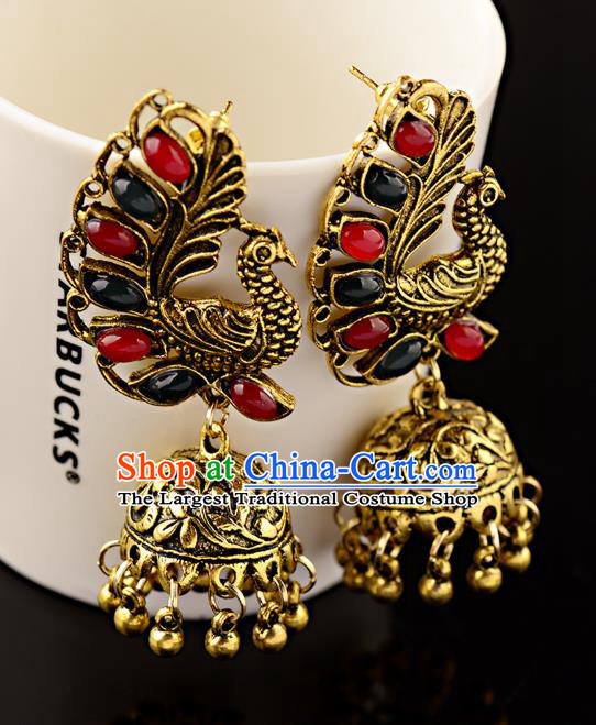 Asian India Traditional Gems Peacock Eardrop Asia Indian Bells Tassel Earrings Bollywood Dance Jewelry Accessories for Women