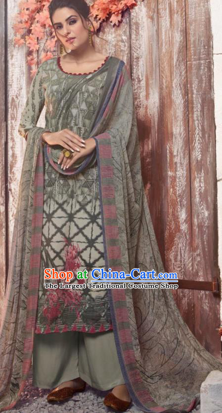 Asian India National Costumes Asia Indian Traditional Printing Gray Crepe Dress Sari and Loose Pants for Women