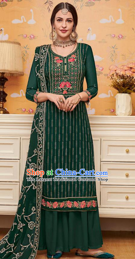 Asian India National Embroidered Punjab Costumes Asia Indian Traditional Green Faux Georgette Dress Sari and Loose Pants for Women