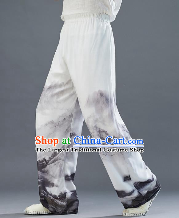 Chinese National Printing White Chiffon Pants Traditional Tang Suit Costume Loose Trousers for Men