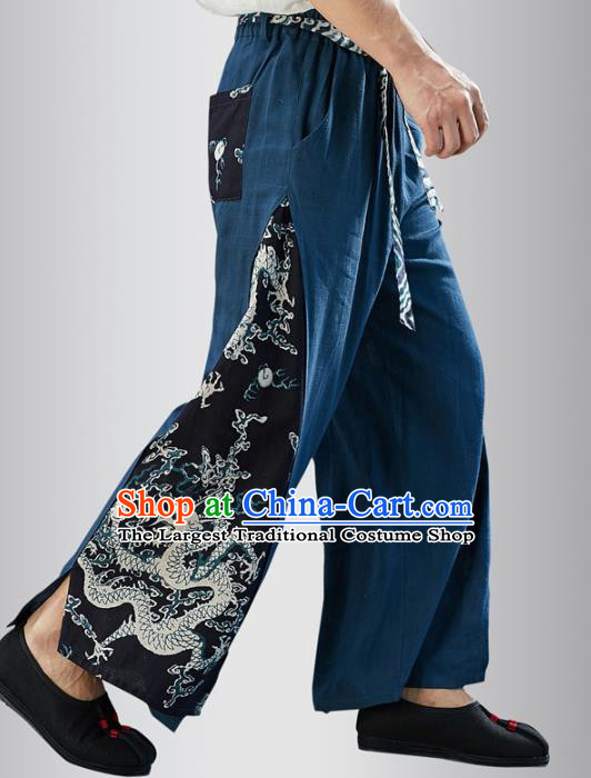 Chinese National Navy Flax Pants Traditional Tang Suit Costume Printing Dragon Linen Loose Trousers for Men