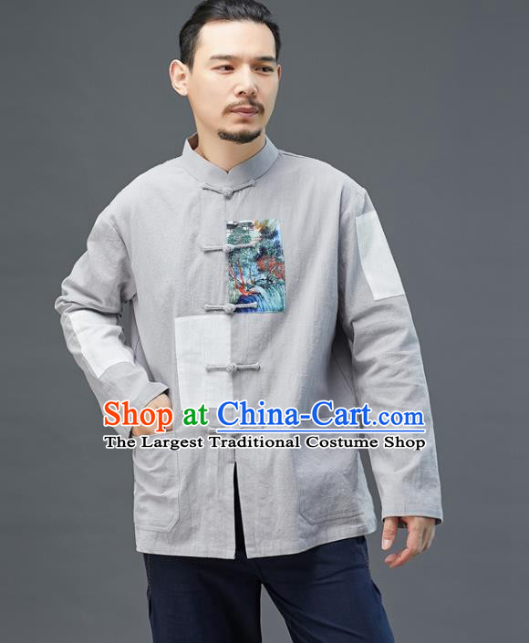 Chinese National Men Grey Linen Shirt Traditional Tang Suit Costume Upper Outer Garment Overshirt