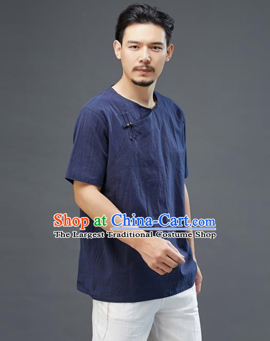 Chinese National Navy Linen Short Sleeve Shirt Traditional Tang Suit Upper Outer Garment Costume for Men