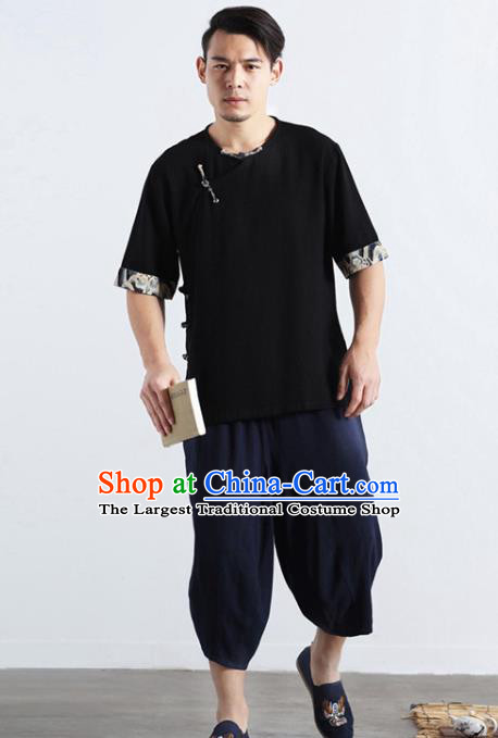 Chinese National Black Flax Shirt Traditional Tang Suit Short Sleeve Upper Outer Garment Frog Buttons Costume for Men