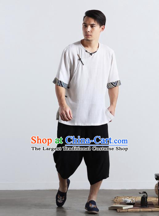 Chinese National White Flax Shirt Traditional Tang Suit Short Sleeve Upper Outer Garment Frog Buttons Costume for Men