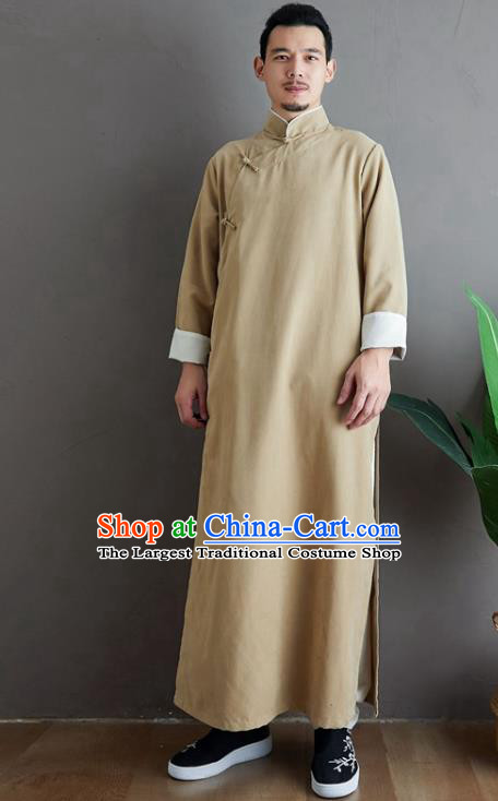 Republic of China National Beige Robe Traditional Tang Suit Costume Comic Dialogue Long Gown for Men