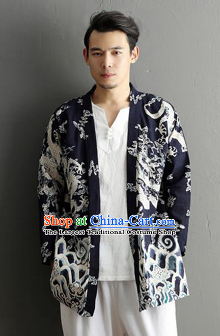 Chinese National Printing Dragon Navy Flax Cardigan Traditional Tang Suit Outer Garment Jacket Costume for Men