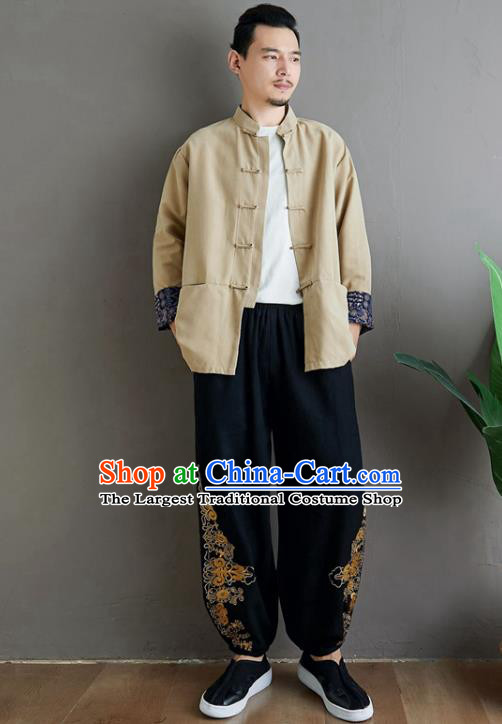 Chinese National Beige Linen Coat Traditional Tang Suit Upper Outer Garment Jacket Costume for Men