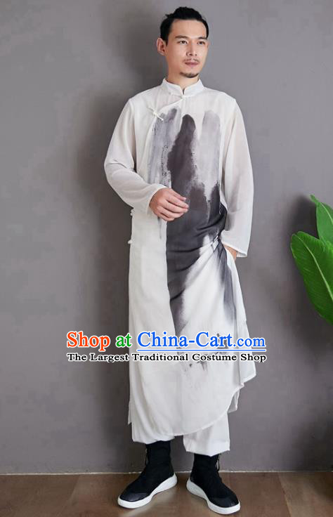 Republic of China National Ink Painting Robe Traditional Tang Suit Costume Comic Dialogue White Chiffon Long Gown for Men